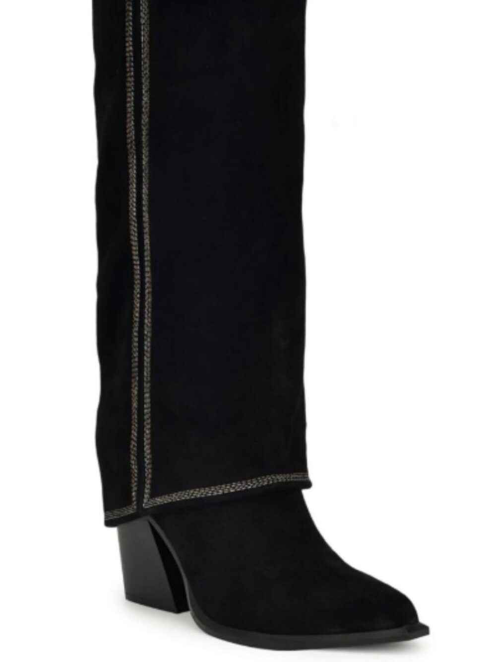 Nine West Women's Rimepy Black Suede Fold Over Knee High Cuff Pointed Toe Boots